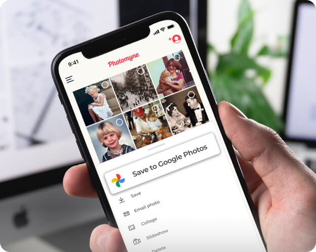 Restored and colorized family photos shown in the Photomyne app